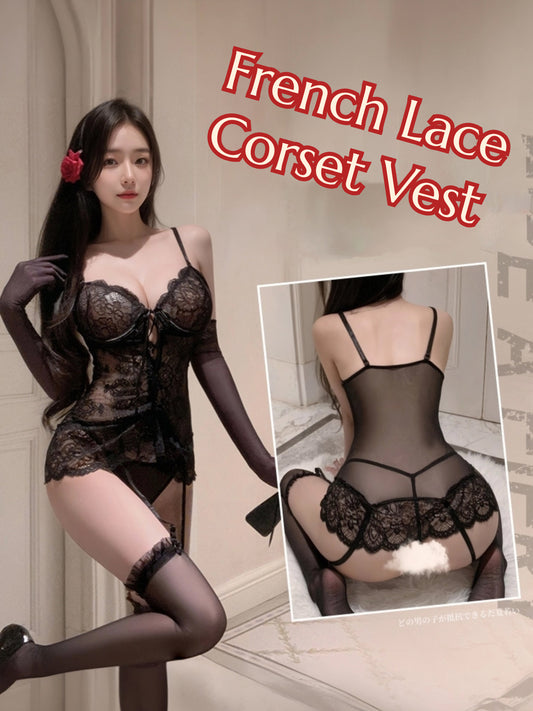 French elegant steel ring lace court corset vest set erotic lingerie sexy pure desire see-through