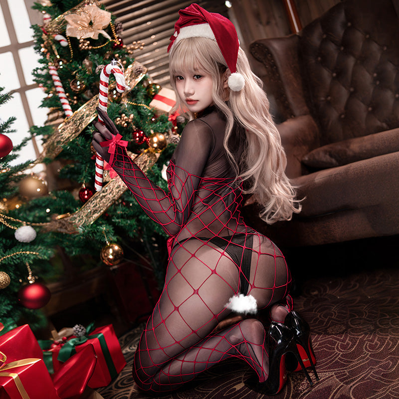 Sweetheart see-through crotch Christmas set erotic lingerie sexy breastless passionate no take off