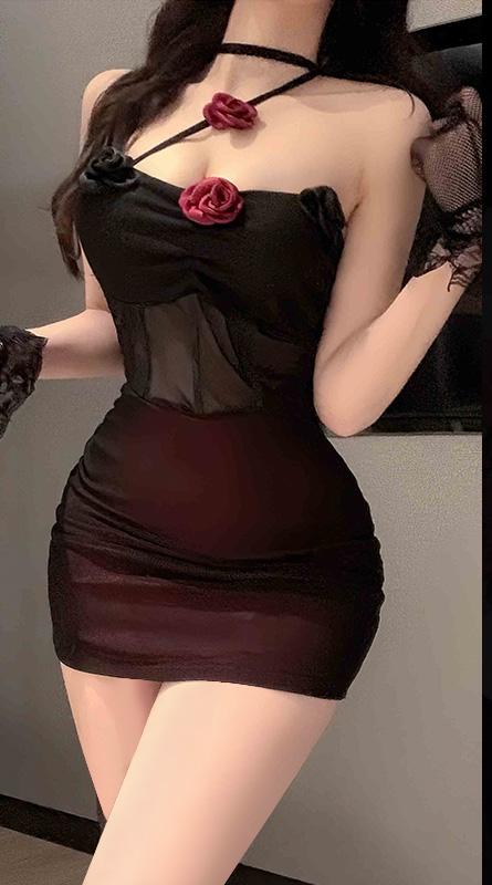 Dark Night Red Rose Hot Eye-catching Package Hip Sheath Dress Erotic Lingerie Sexy Pure Lust Stockings Set