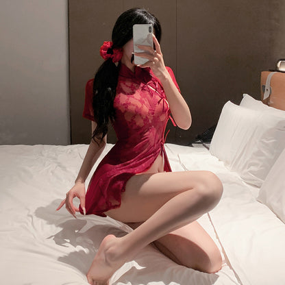 Lace splicing gauze see-through nude buttocks cheongsam erotic lingerie sexy pure desire free pajamas temptation