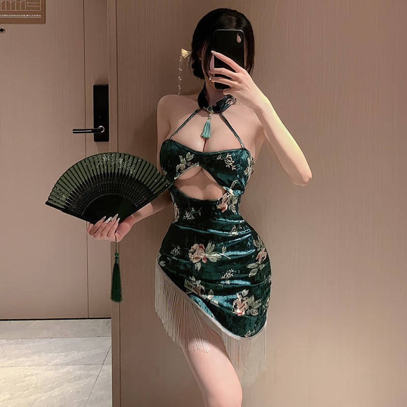 Human rich flower printing velvet cheongsam nightgown erotic lingerie sexy pure desire set temptation