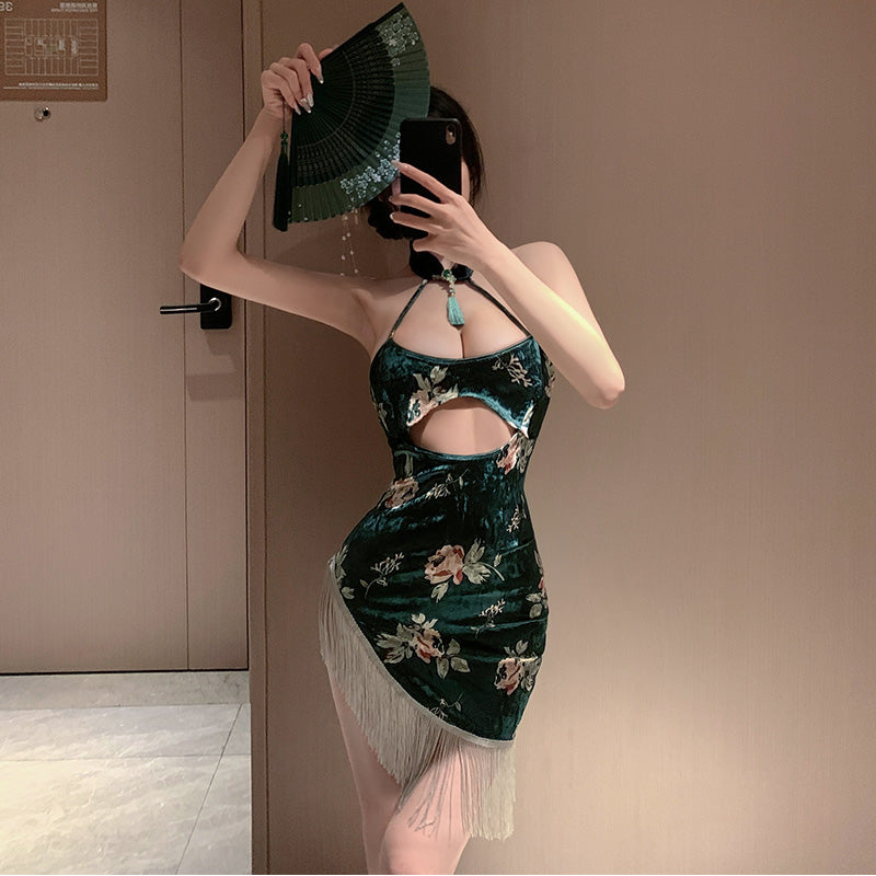 Human rich flower printing velvet cheongsam nightgown erotic lingerie sexy pure desire set temptation