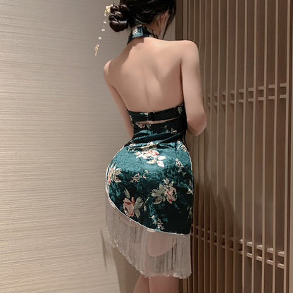 Human rich flower printing velvet cheongsam nightgown erotic lingerie sexy pure desire set temptation