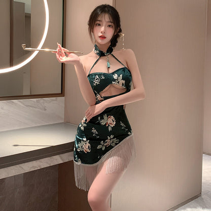 Human rich flower printing velvet cheongsam nightgown erotic lingerie sexy pure desire set temptation