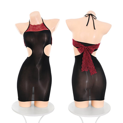 Erotic lingerie hollowed out waistless sexy lace belly pocket oiled hip skirt thin temptation halter horse oil stockings