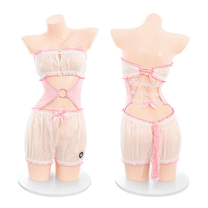 Cute kitten one-piece see-through crotchless set dewy buttock erotic lingerie sexy pure desire no take off